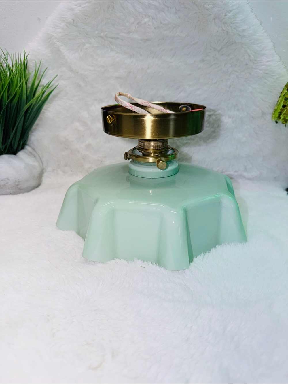 Unboxed Vintage Style Mint Green Glass Lamp Base with Brass Hardware 💡